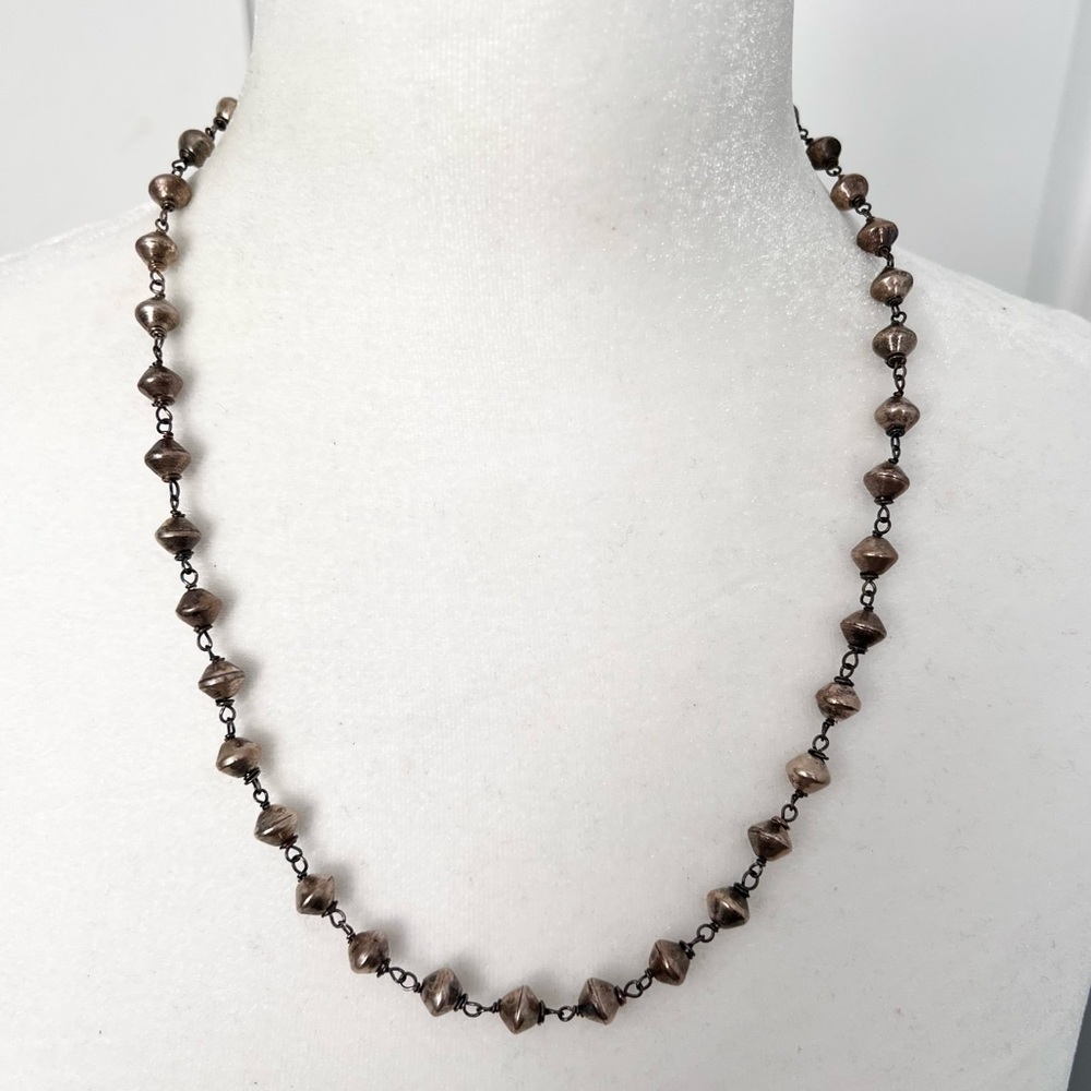 Vintage S clasp silver metal beaded long necklace